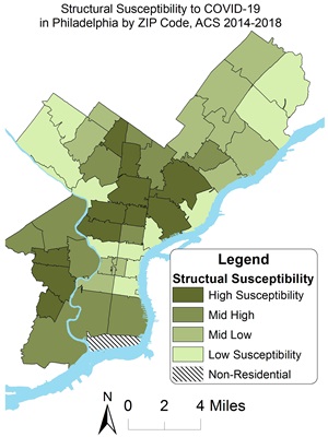Structural susceptibility to COVID19 in Philadelphia by zip code, ACS 2014-2018